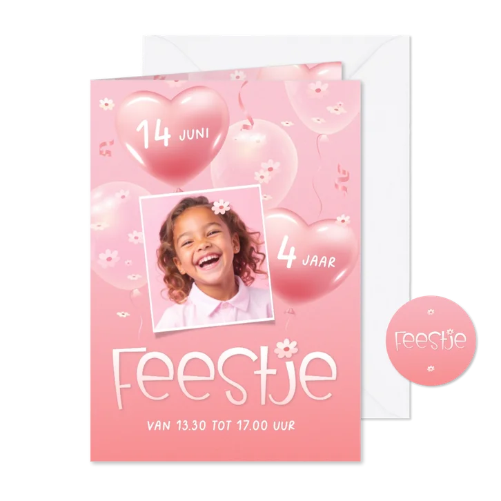 Uitnodiging eigen foto hartjes en bloesem 3d ballonnen