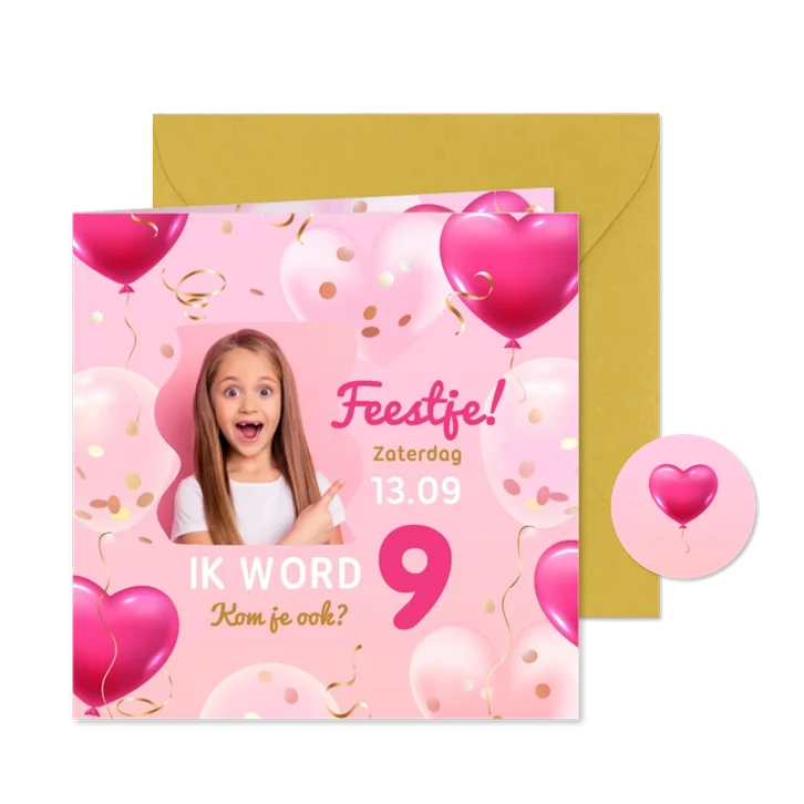 Uitnodiging eigen foto met confetti en hartjes 3d ballonnen