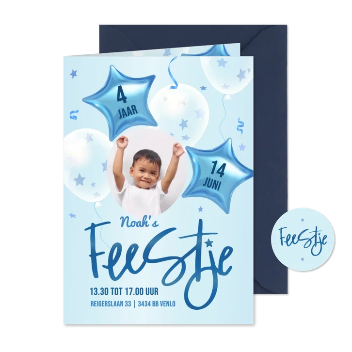 Uitnodiging eigen foto met ster confetti en 3d ballonnen