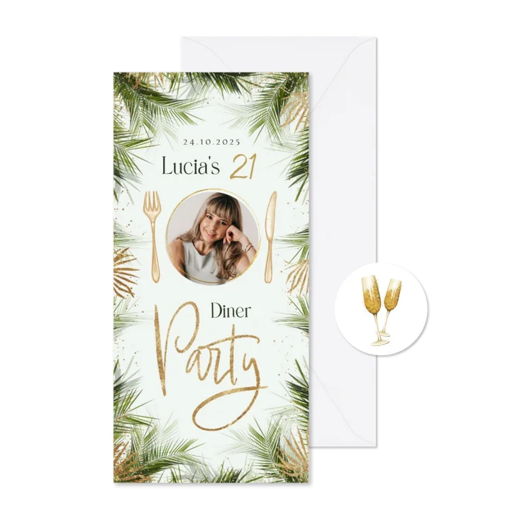 Uitnodiging etentje diner 21 goud botanisch foto