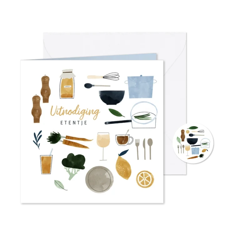 Uitnodiging etentje feestje met eten en drinken illustraties