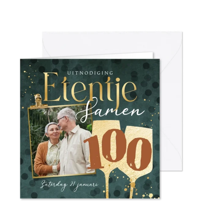 Uitnodiging etentje samen 100 goud wijn confetti