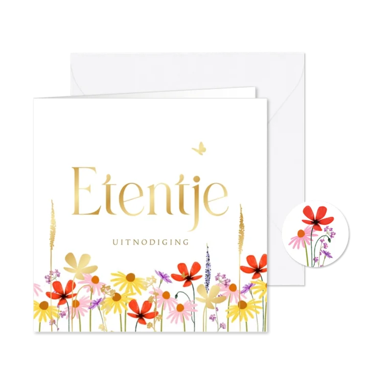 Uitnodiging etentje veldbloemen goud vlinder