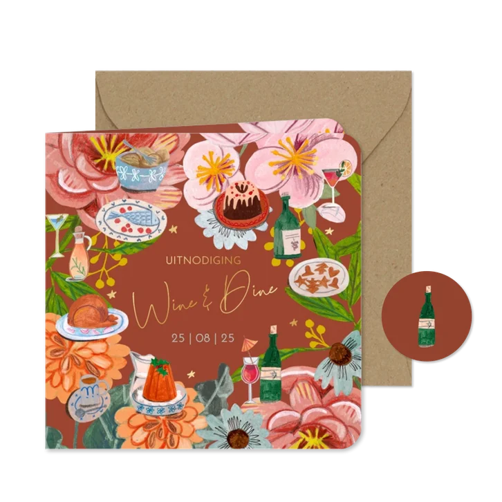 Uitnodiging etentje wine & dine met bloemen