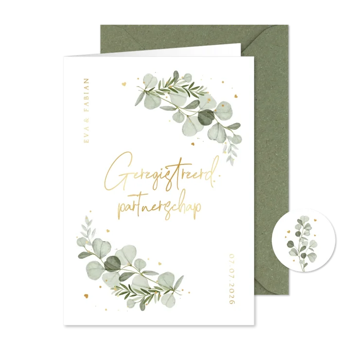 Uitnodiging eucalyptus met goud geregistreerd partnerschap 