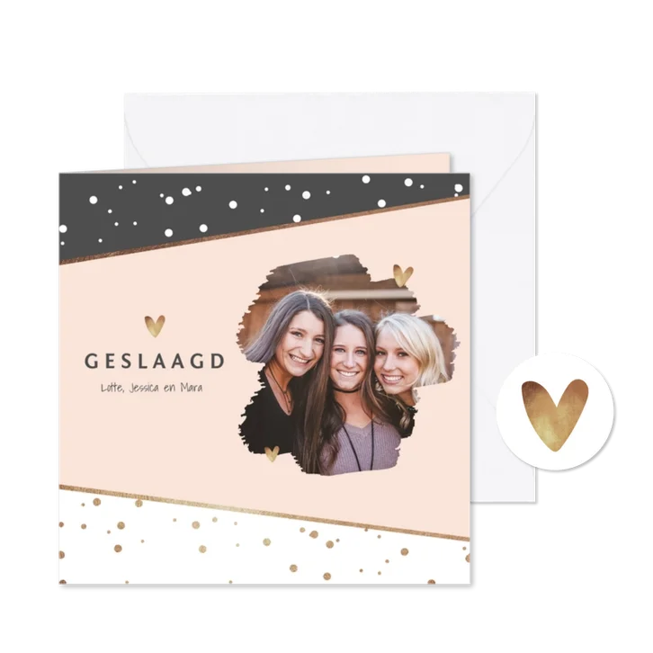 uitnodiging examenfeest stijlvol confetti hartjes foto goud