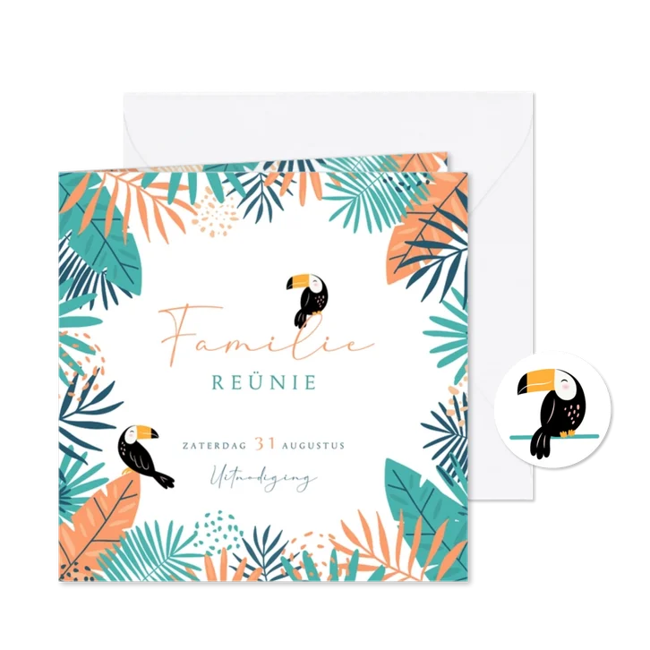 Uitnodiging familie reünie vrolijke tropische flora & vogels