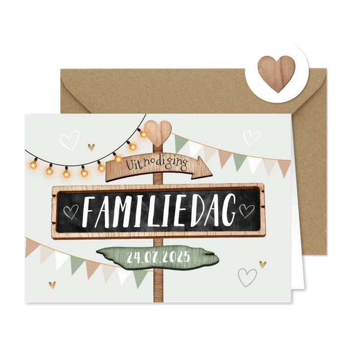 Uitnodiging familiedag wegwijzers hout hartjes slingers