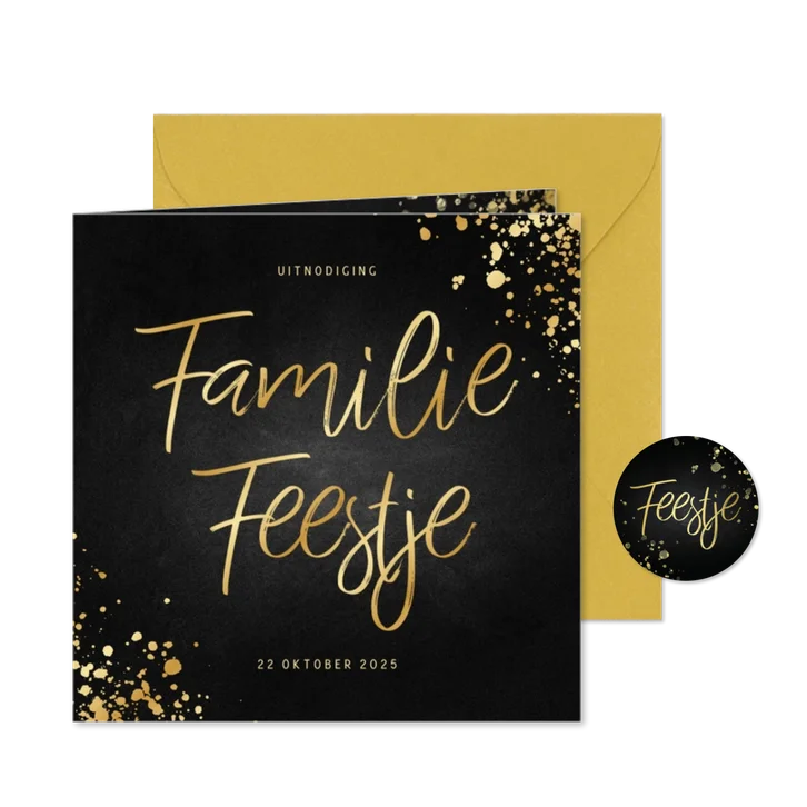 Uitnodiging familiefeestje goud met spetters krijtbord
