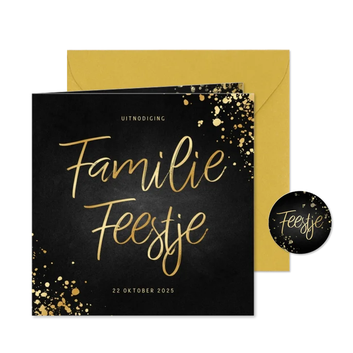 Uitnodiging familiefeestje goud met spetters krijtbord
