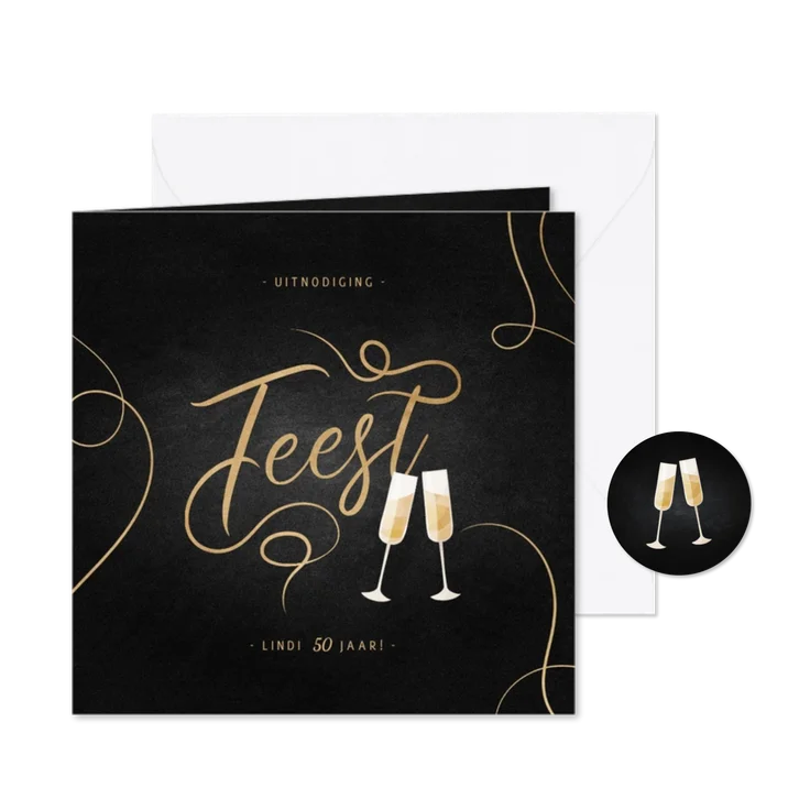 Uitnodiging feest champagne met gouden linten