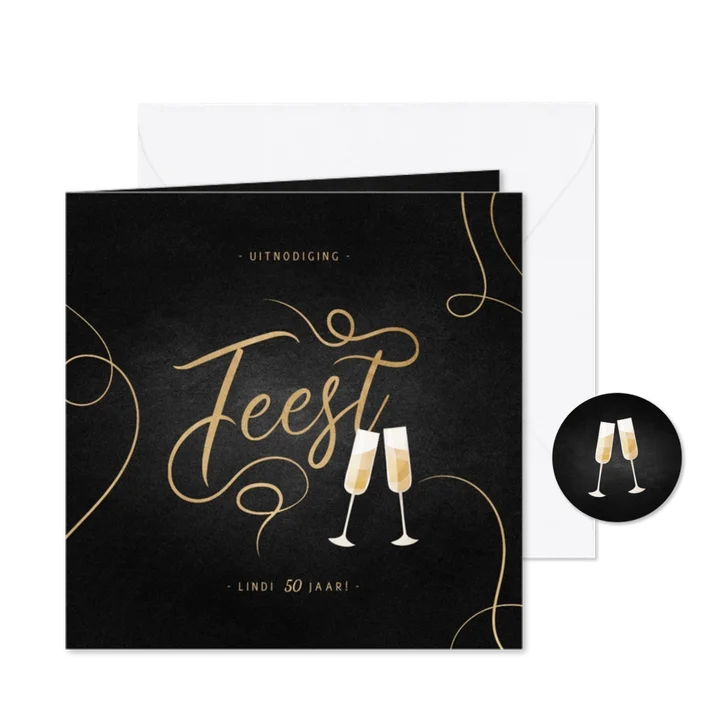 Uitnodiging feest champagne met gouden linten