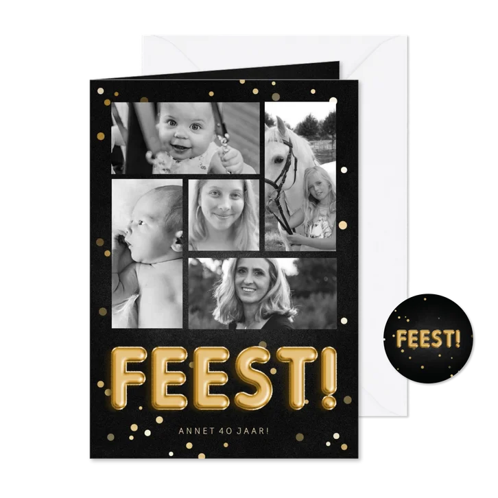 Uitnodiging feest folieballon fotocollage met confetti