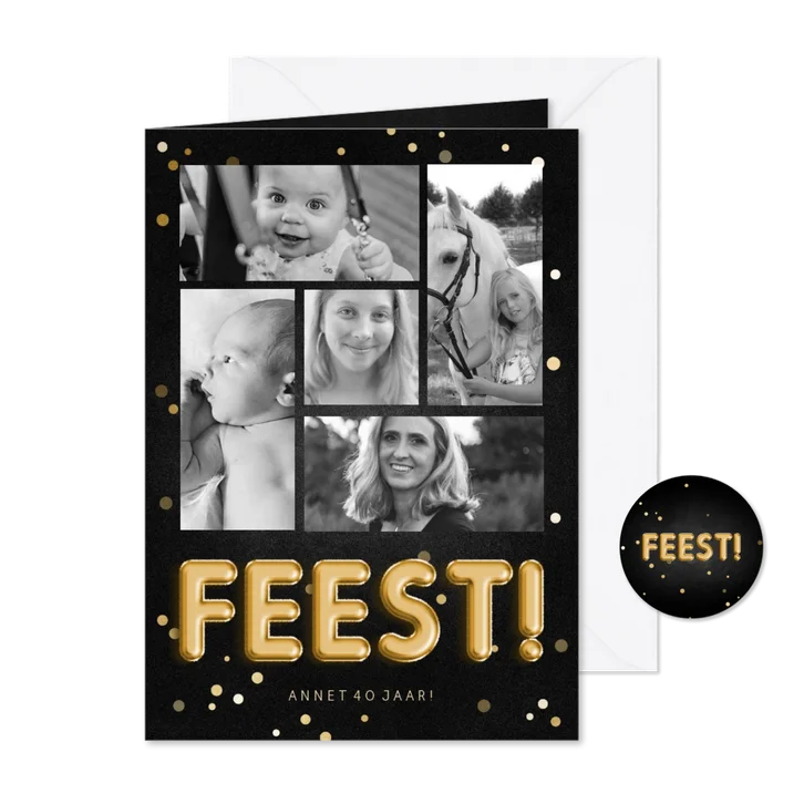 Uitnodiging feest folieballon fotocollage met confetti