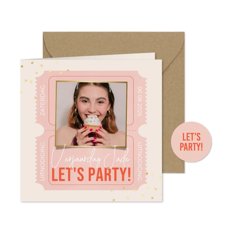 Uitnodiging feest let's party met tickets roze confetti foto