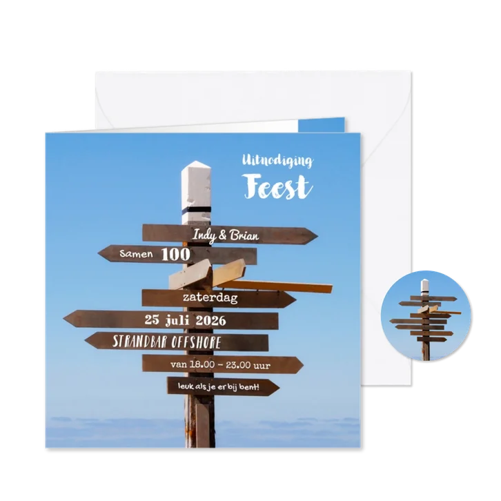 Uitnodiging feest wegwijzer blauwe lucht