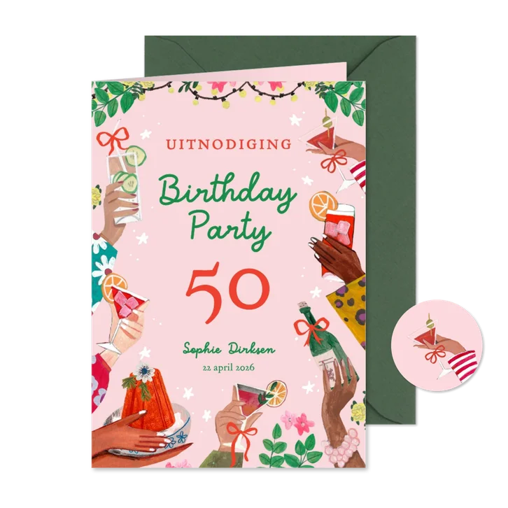 Uitnodiging feestje 50 bloemen en cocktails lente