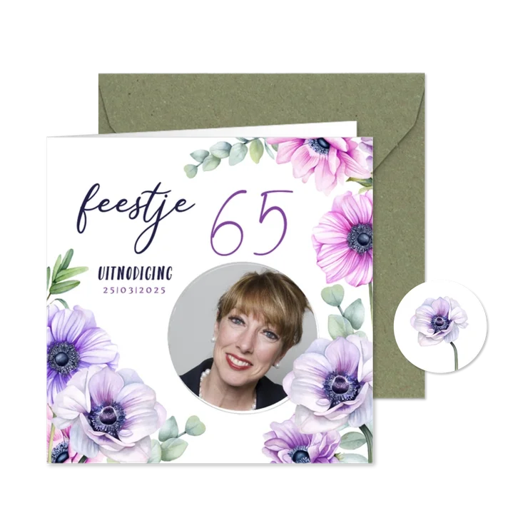 Uitnodiging feestje 65 jaar met anemoontjes