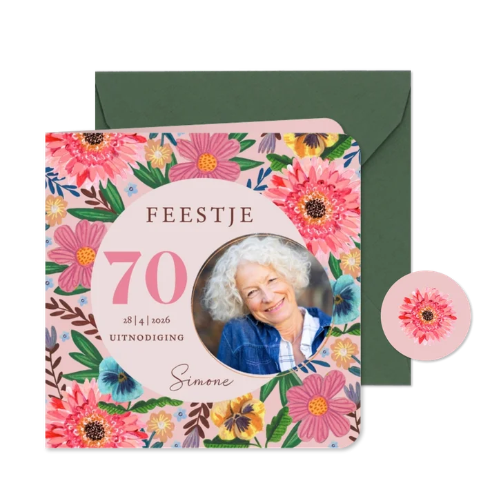 Uitnodiging feestje 70 bloemen botanisch lente