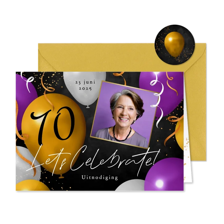 Uitnodiging feestje 70 jaar ballonnen foto slingers confetti