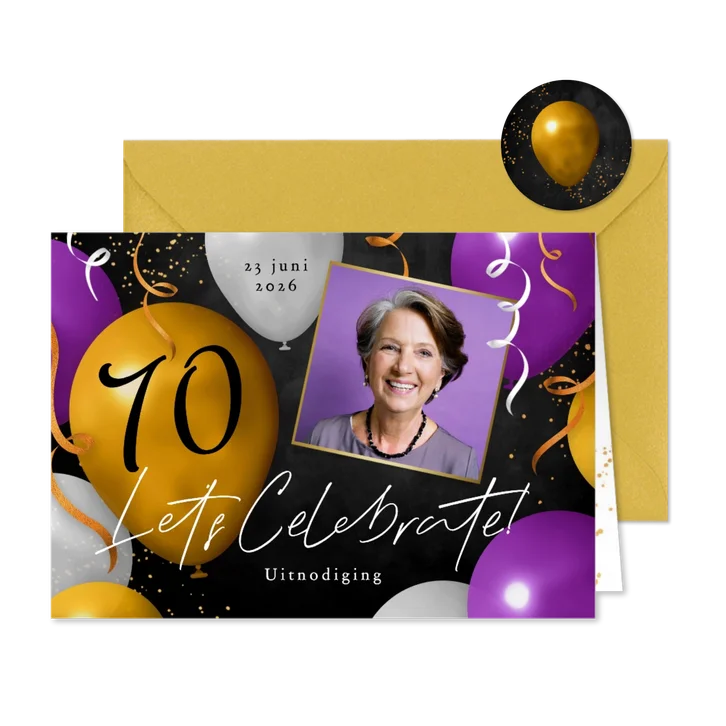 Uitnodiging feestje 70 jaar ballonnen foto slingers confetti