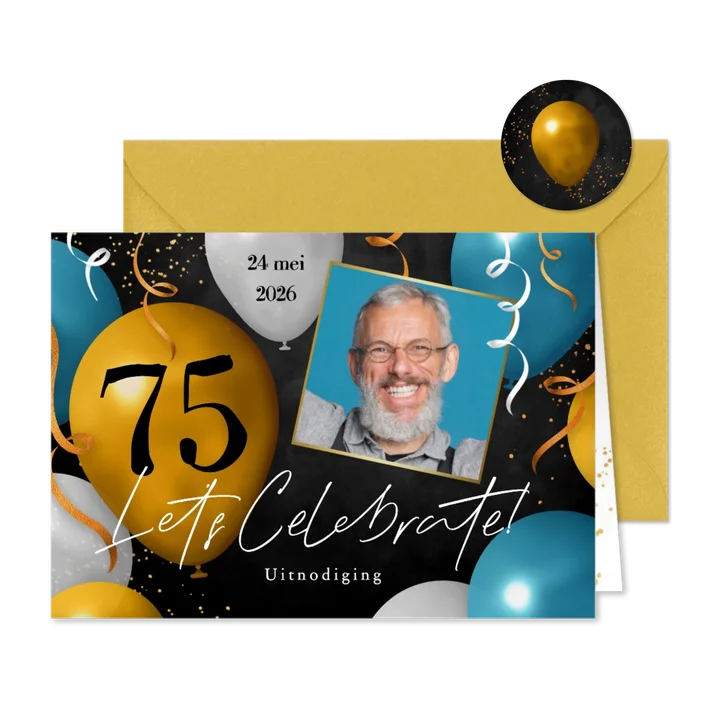 Uitnodiging feestje 75 jaar ballonnen slingers confetti foto