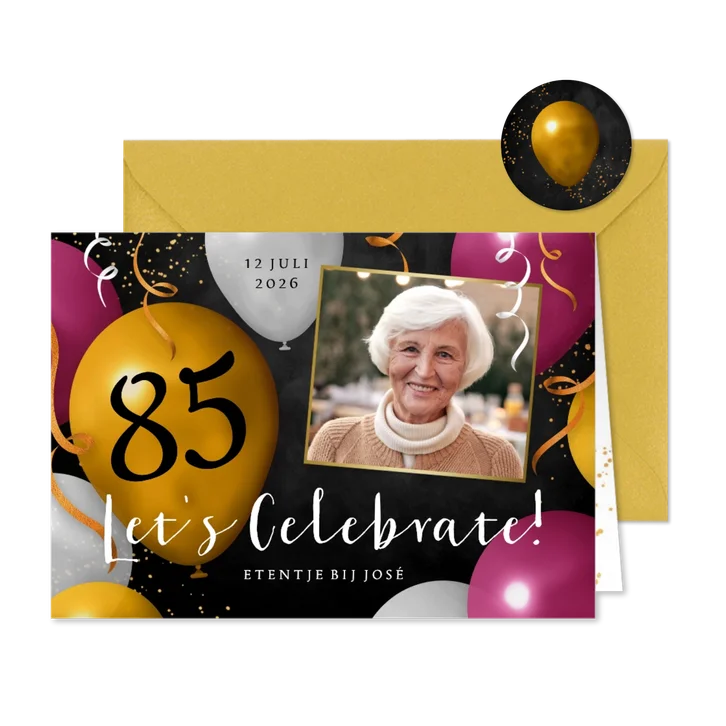 Uitnodiging feestje 85 jaar ballonnen slingers confetti foto
