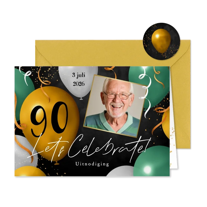 Uitnodiging feestje 90 jaar ballonnen foto slingers groen