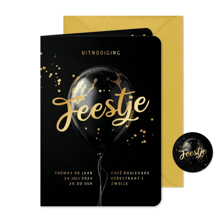 Uitnodiging feestje algemeen stijlvol chic ballon goud zwart