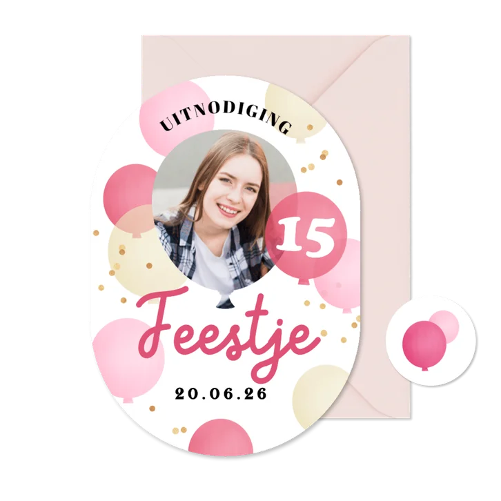Uitnodiging feestje ballonnen confetti roze goud