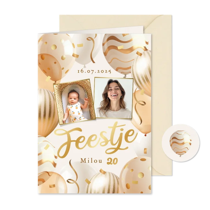 Uitnodiging feestje ballonnen goud confetti foto slingers