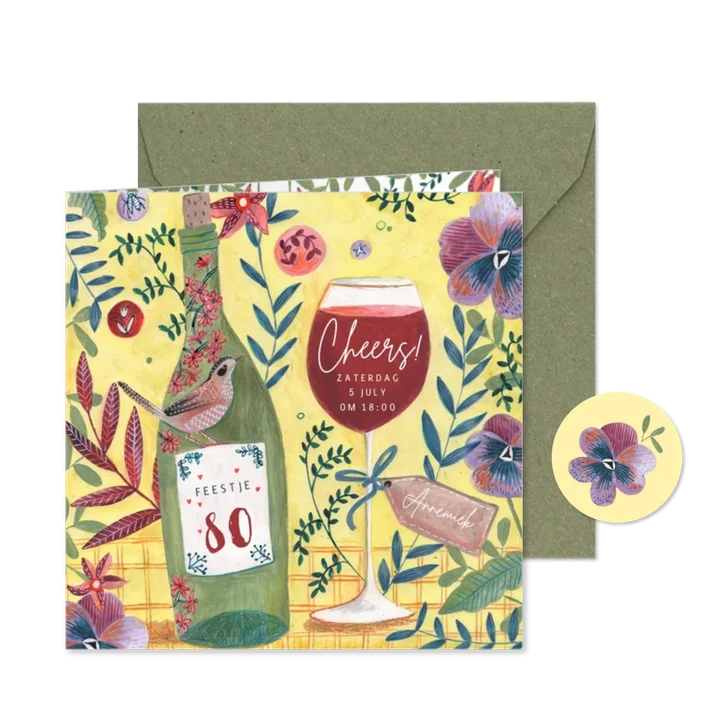 Uitnodiging feestje botanische bloemen met wijn