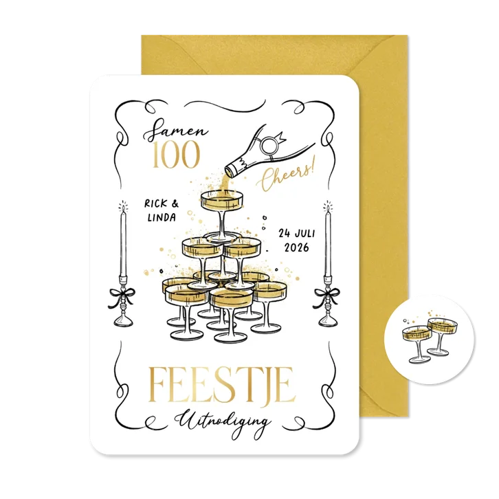 Uitnodiging feestje champagne toren doodle etentje samen 100