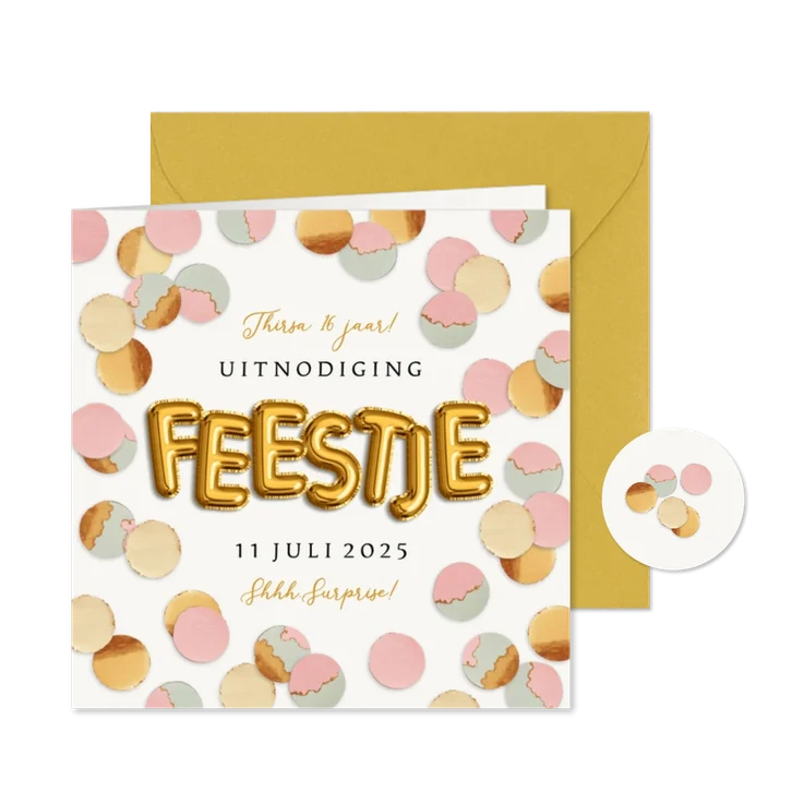 Uitnodiging feestje confetti goud pastel roze groen
