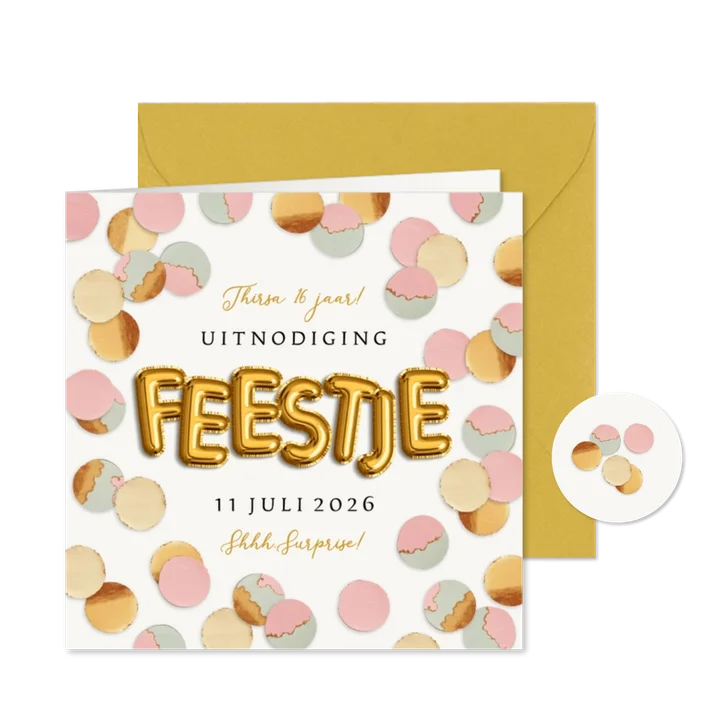 Uitnodiging feestje confetti goud pastel roze groen