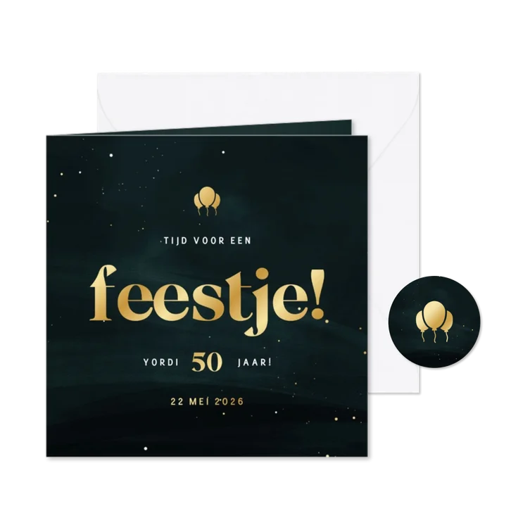 Uitnodiging feestje donkergroen met goudfolie ballonnen