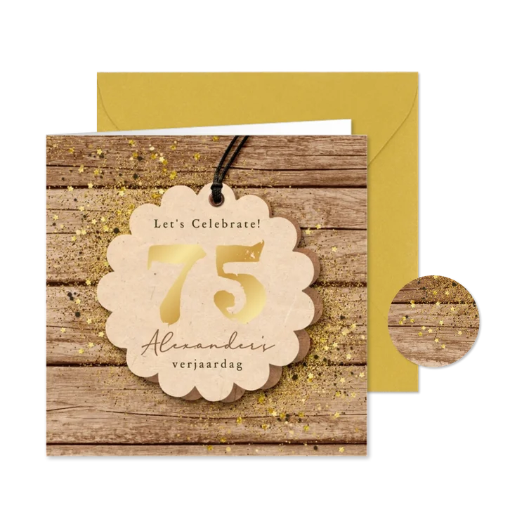 Uitnodiging feestje etentje label hout goud confetti