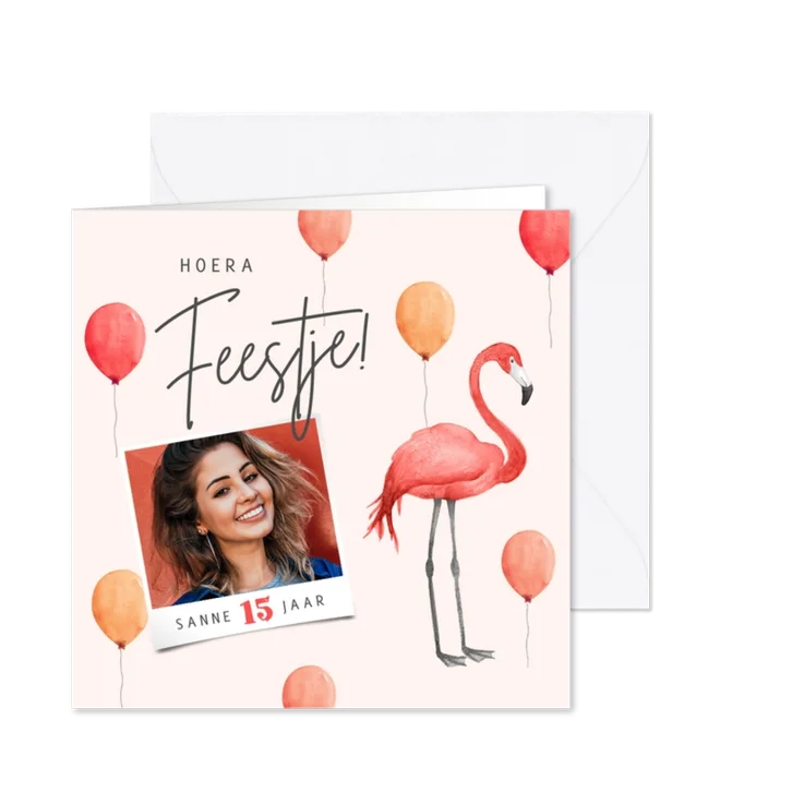 Uitnodiging feestje flamingo ballonnen foto