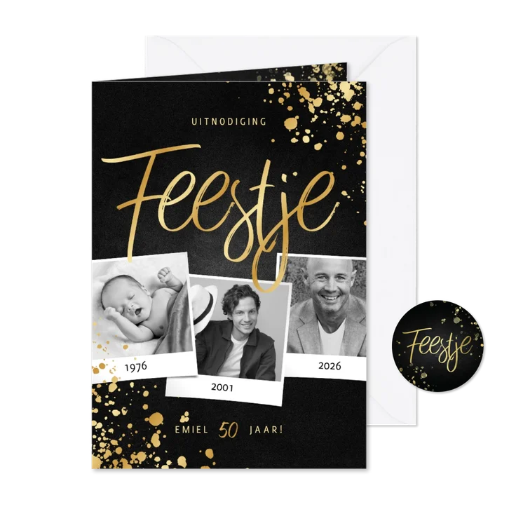 Uitnodiging feestje goud fotocollage met spetters