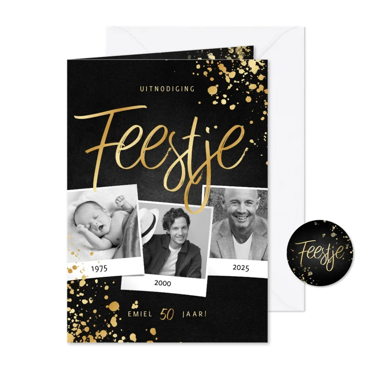 Uitnodiging feestje goud fotocollage met spetters