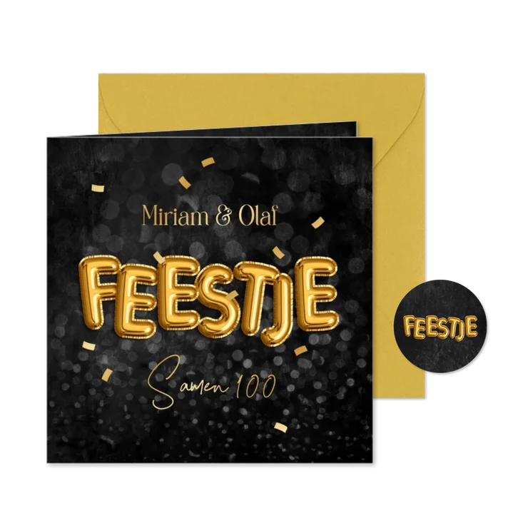 Uitnodiging feestje krijtbord folieballonnen goud confetti