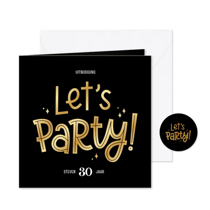 Uitnodiging feestje let's party zwart met goudfolie