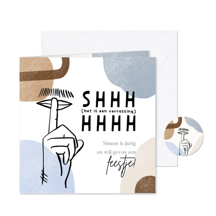 Uitnodiging feestje shhh verrassing hand lijntekening blauw