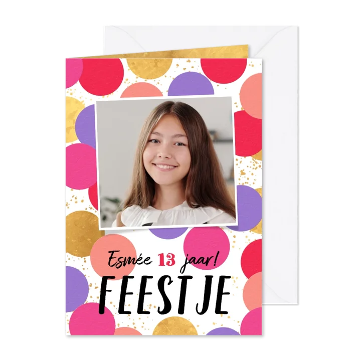 Uitnodiging feestje tienermeisje goud foto confetti