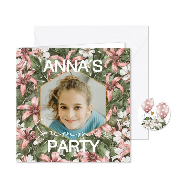 Uitnodiging feestje verjaardag 14 jaar met foto en bloemen