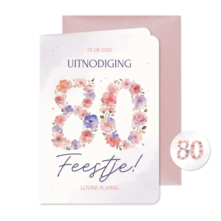 Uitnodiging feestje verjaardag 80 in paars en roze bloemen