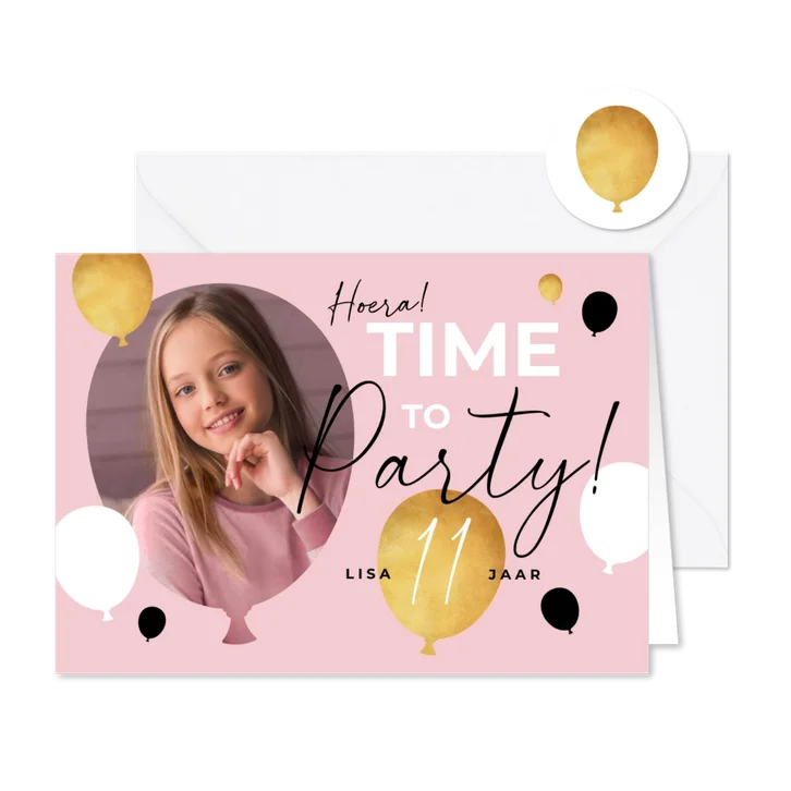 Uitnodiging feestje verjaardag fotokaart ballonnen goud roze