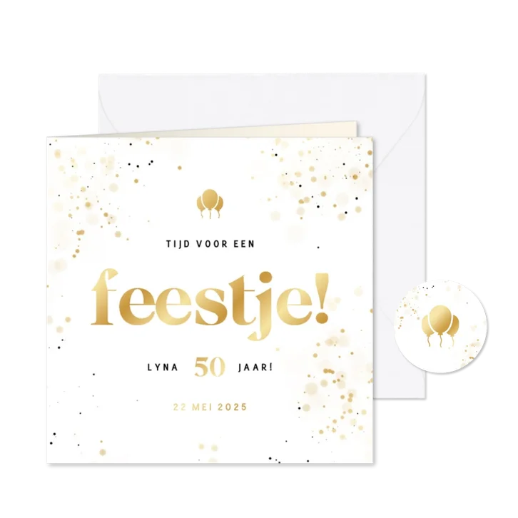Uitnodiging feestje wit met confetti en goudfolie ballonnen
