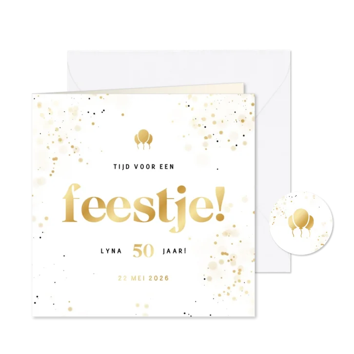Uitnodiging feestje wit met confetti en goudfolie ballonnen
