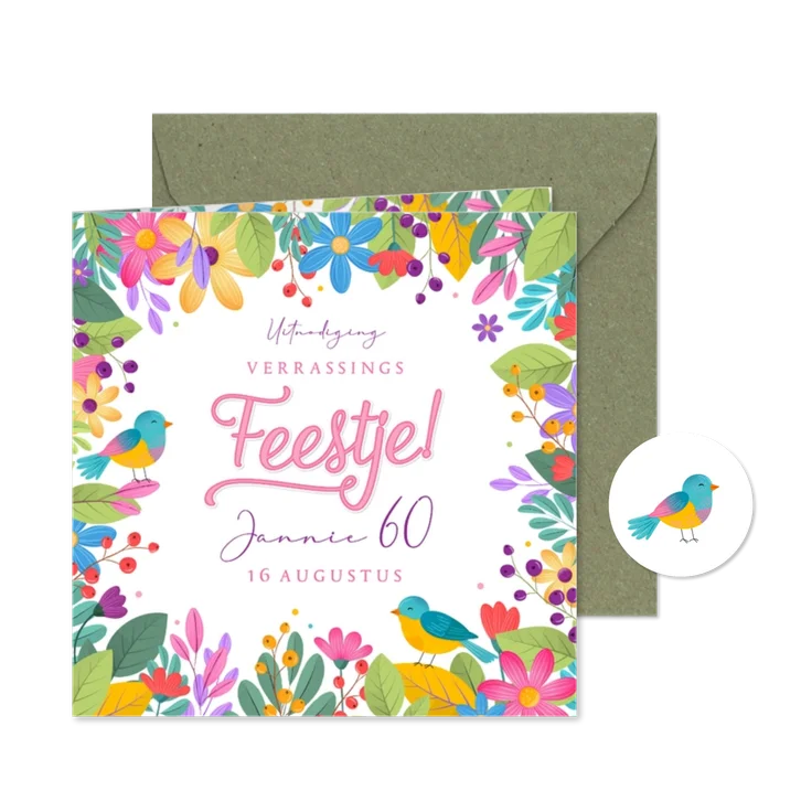  Uitnodiging feestje zomers botanisch kleurrijk met vogels